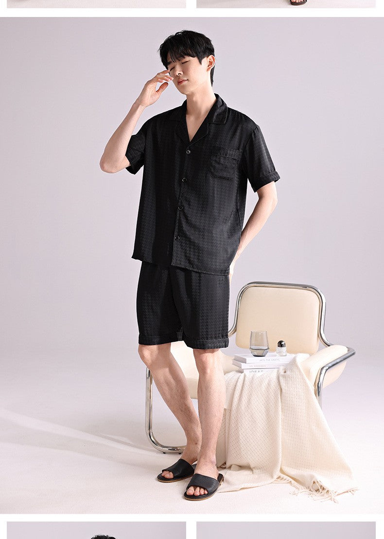 Ice Silk Pajamas Men's Spring and Summer Light and Breathable Simulation Silk Satin Short-sleeved Shorts Youth Simple Loungewear