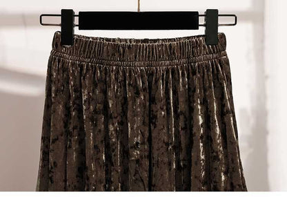 Plus Size Plus Size Women's Velvet Pleated A- Line Midi Skirt Autumn Winter Slimming Half-length Versatile Fashionable Commut...