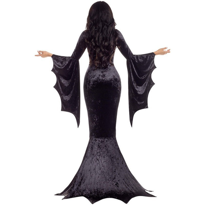 Witchy Costume Morticia Addams Long Train Dress Halloween Terror Dark Outfit Gothic Gown Robe Bat Sleeve Horror For Adult