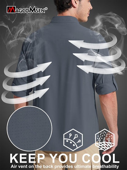 MAGCOMSEN Sun Protection Shirt Quick Dry Long Sleeve Mesh Breathable Shirt Multi Pockets Fishing Shirts Hiking Work Cargo Shirts