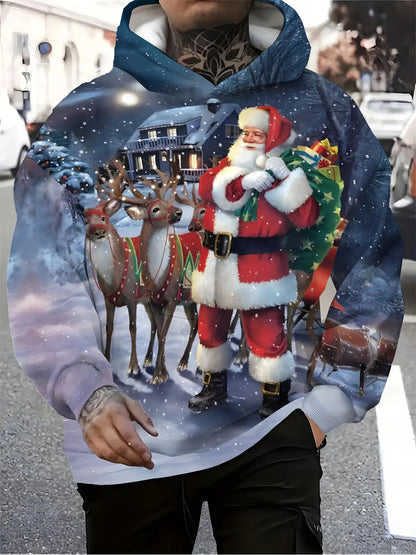 Ultimate Christmas Vibe | Men's Casual Hooded Sweatshirt for Autumn | Santa & Reindeer Design| For Party & Daily Wear