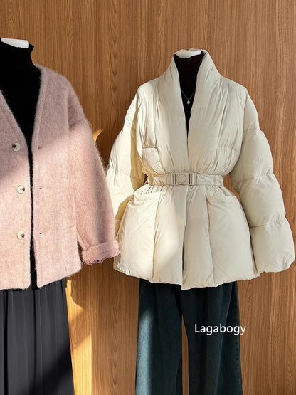 Lagabogy 2025 Winter Belt Waist-Tight Elegant Warm 90% White Duck Down Jacket Female Long Sleeve Solid Color V-neck Puffer Coat