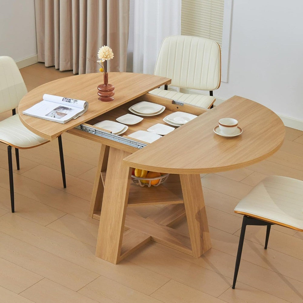Mid Century Modern Extendable Dining Table Seats 4-8, Round & Oval with Hidden Leaves for Space-Saving, Cross Base Design