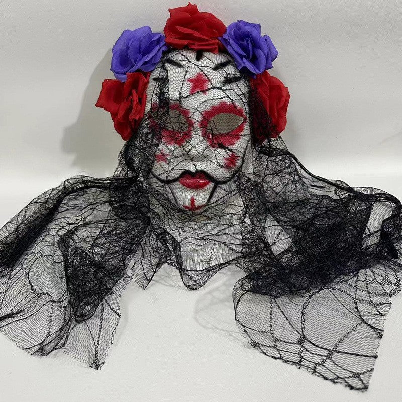 Gothic Bride Skull Mask, Black Veil & Rose Decorated Full Face Mask for Halloween, Cosplay and Party