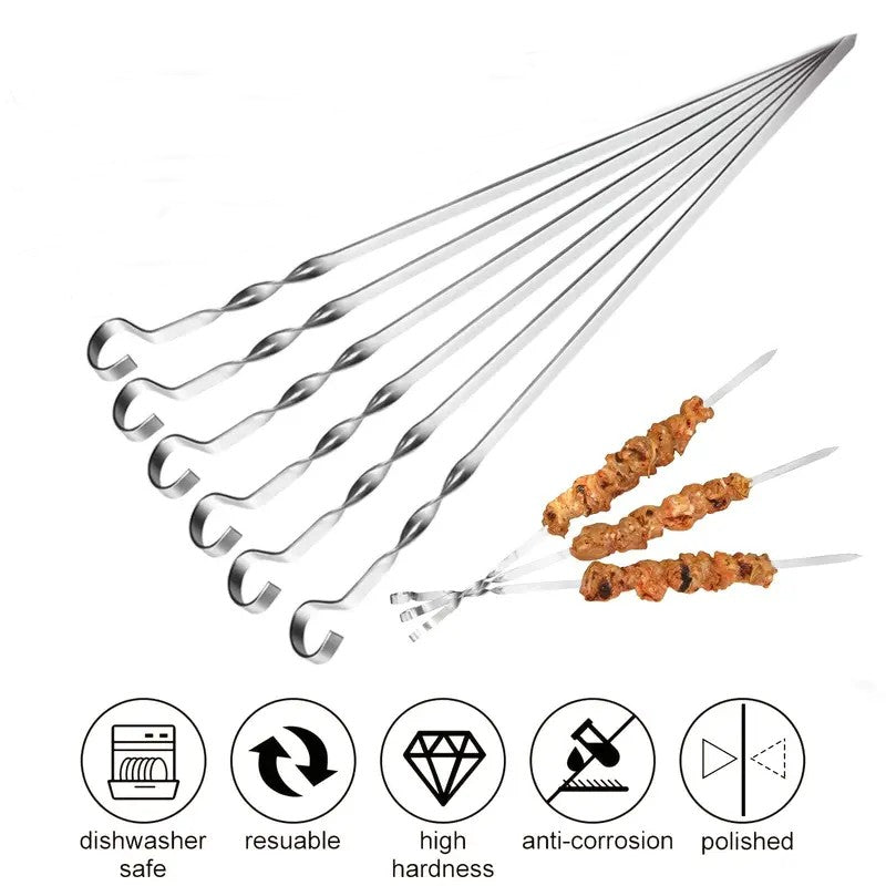 Stainless Steel Barbecue Skewer 6Pcs Wide BBQ Sticks Flat BBQ Fork Outdoor Camping Picnic BBQ Utensil Kitchen Accessories