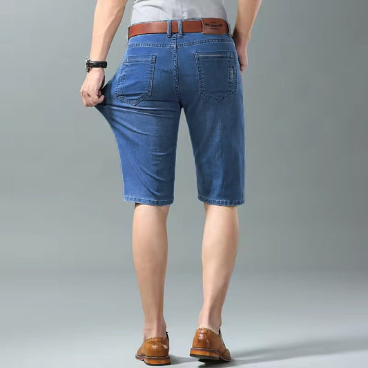 Summer Men Denim Shorts New Style Thin Embroidery Business Casual Straight  Short Jeans Male Brand Clothing Black Blue