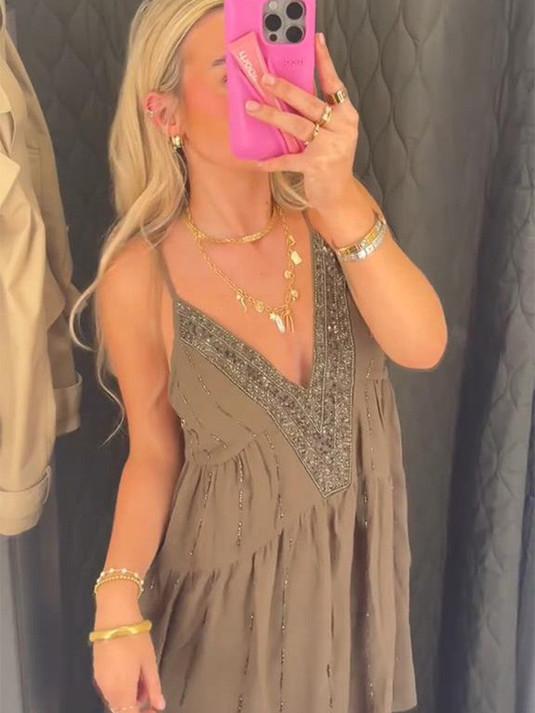 Sequins Bead Snowflake Midi Dress Women Fashion Sleeveless Backless Ruffle Pleat