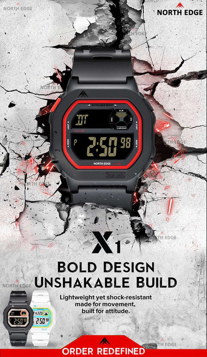 NORTH EDGE X1 Square Screen Digital Watch 2025 Men Women Sportswatch Waterproof 50M Stopwatch Countdown Alarm Clock Reloj Hombre
