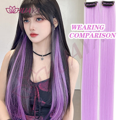Extensões de Cabelo Sintéticas Coloridas de 2 Peças 50cm, Longas Lisas Rosa/Azul/Roxo para Halloween/Natal
