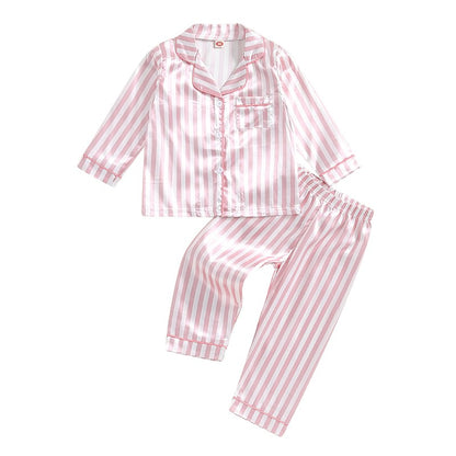 Kid Girls Boys Fall Pajamas Set Stripe Print Long Sleeve Shirts Tops Long Pants Satin 2 Pieces Lounge Suit Sleepwear