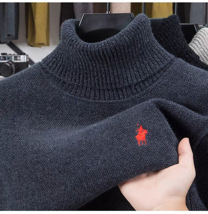 High end brand velvet sweater men's new fashion designer exquisite pony embroidery winter thick warm high neck knitted pullover