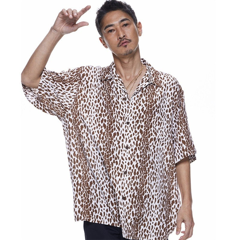 Pdmcms 23ss Gradient Leopard Print High Street Style Casual Handmade Silk Hawaiian Short Sleeved Shirt For Men