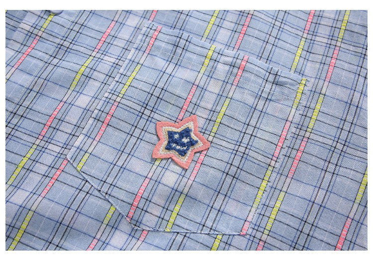 Ice Blue Plaid Long Sleeve Shirt Unisex Premium Cleanfit Denim Fabric V-neck Open Cardigan Style Holiday Vibes Short Length