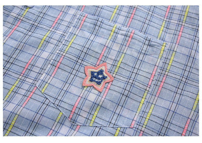 Ice Blue Plaid Long Sleeve Shirt Unisex Premium Cleanfit Denim Fabric V-neck Open Cardigan Style Holiday Vibes Short Length