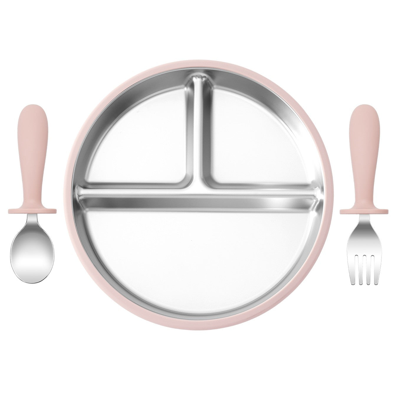 3PCS Silicone Stainless Steel Feeding Kit Toddler Sucker Feeding Dishes Plate Infant Self Feeding Training BPA Free Fork Spoon