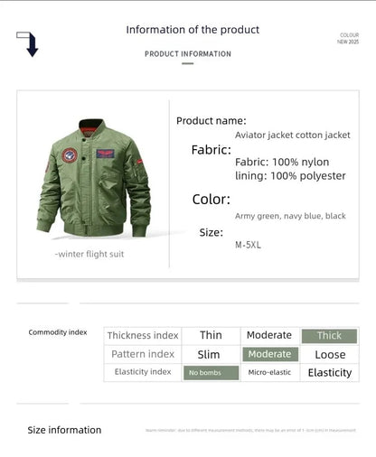 Unisex Winter Thicken Warm Bomber Jacket Air Force Style Flight Parkas Coat with Cotton Embroidery Casual Outwear for Men