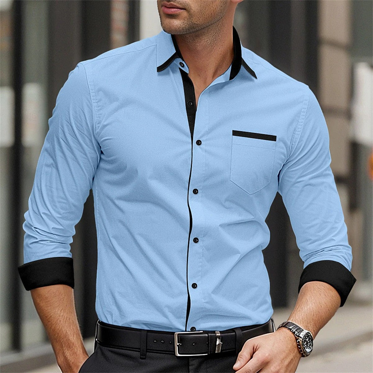 New men's formal button up shirt long sleeved solid color lapel for spring and autumn weddings, daily pocket patchwork clothing