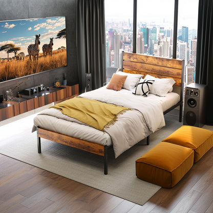 Cama Box de Metal Queen Size JHK com Cabeceira e Peseira e Suporte de Ripas de Madeira Resistente de 800LBS para Quarto e Casa