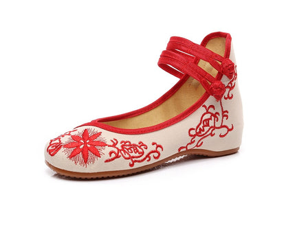Veowalk Sunflower Embroidered Women Canvas Ballet Flats Ankle Strap Ladies Casual Cotton Chinese Embroidery Ballerina Shoes