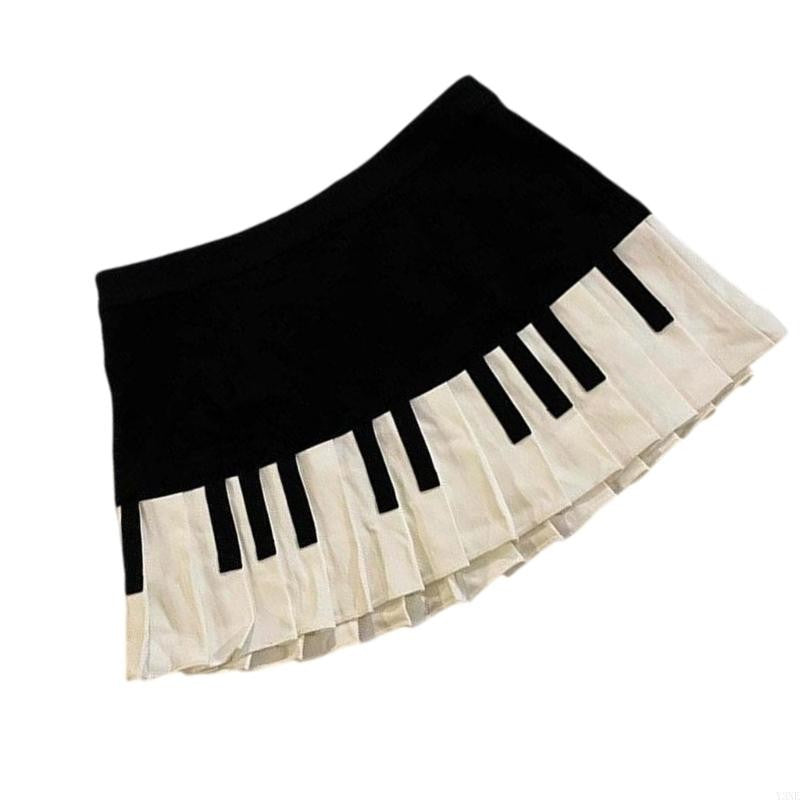 Y3NE Women Schoolgirl High Waist Pleated Flared Vintage Piano Print A Line Mini Skirt