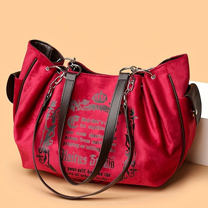 Letter Print Faux Suede Women Handbag Shoulder Bag, Retro Large Capacity Tote Bag for Daily Commuting and Hand-Carry.Pumpkin Bag