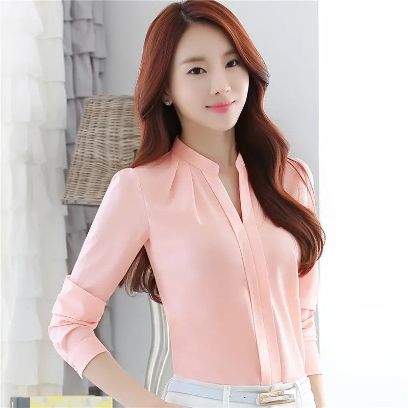Chiffon Blouse Women Korean Fashion Women Clothing White Shirt  Long Sleeve Blouses V-neck Womens Tops Basic Shirts and Blouses