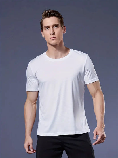 Round Neck T-Shirt 1 Piece White Ultra-Light Men's Quick Drying Breathable Sweat-Absorbent Shirt Suitable for Fitness Gym and Ru