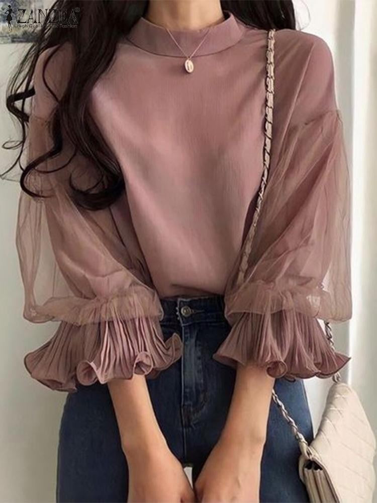 ZANZEA Women Elegant Party Blouse Chic Mesh Ruffle 3/4 Sleeve Tops 2025 Autumn Designer Stand Collar Shirts Korean Loose Tunics