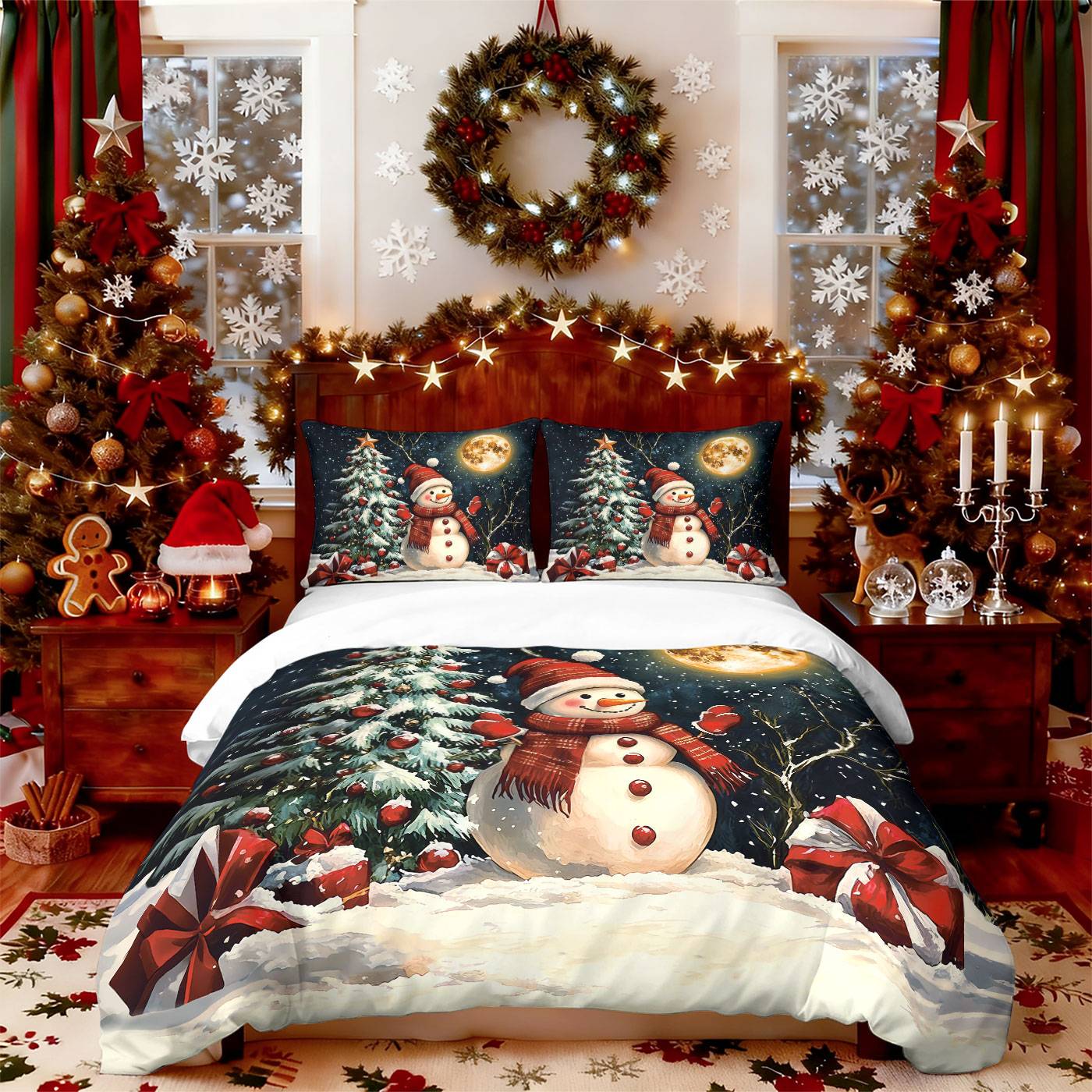 3pcs Christmas snowman reindeer red print coreless duvet set multi size bedroom bedding holiday decoration soft machine washable