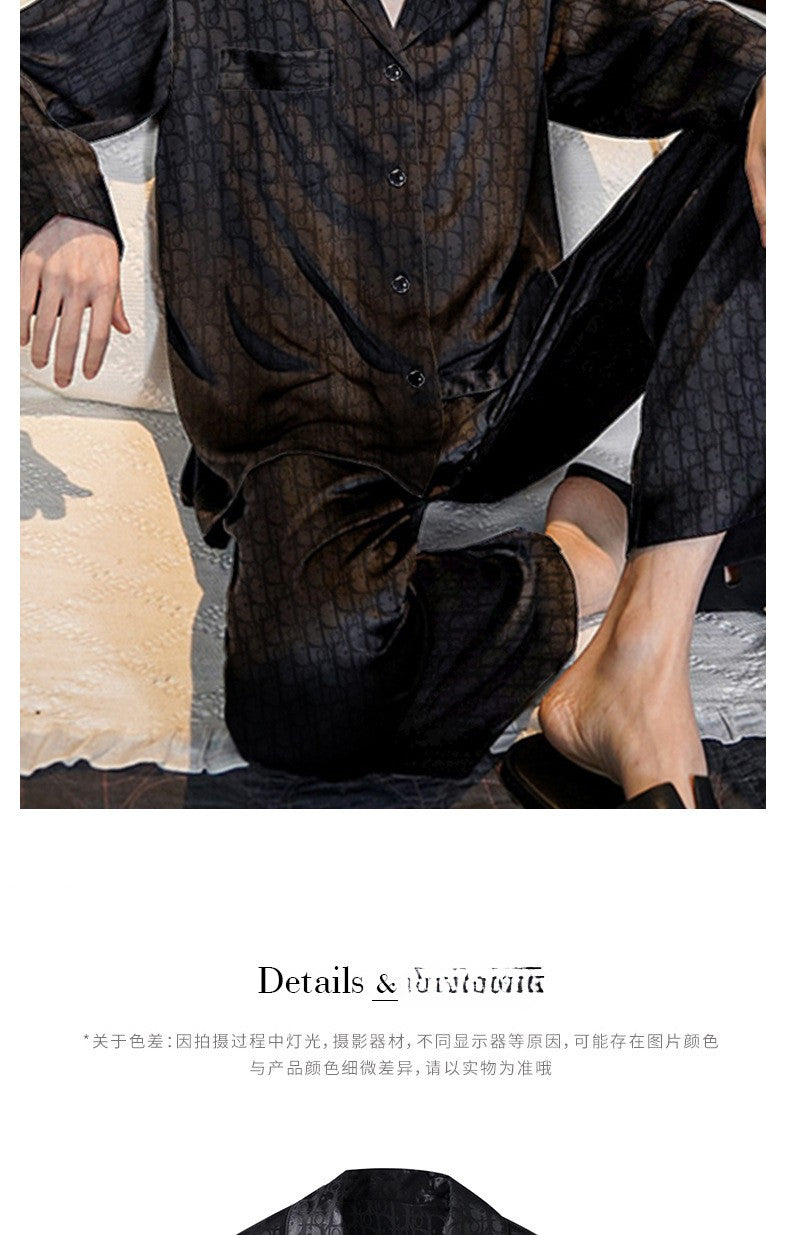 Plus Size Men's Pajama Suit Long Sleeve Silk Jacquard Pattern Premium Black Suit Lapel Top Long Pants Sleepwear Loungewear