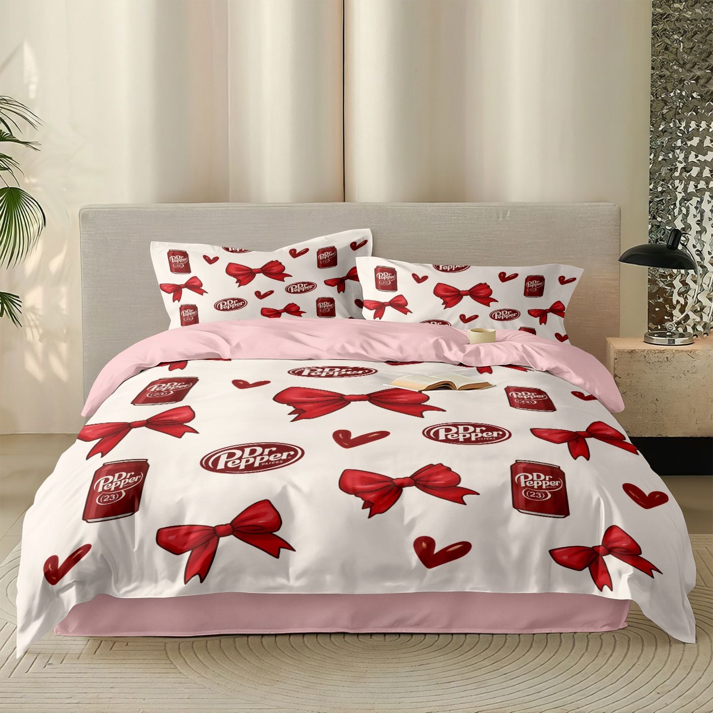 3pcs Pink Bow Printed Coreless Blanket Set, Multi Size Bedroom and Dormitory Bedding Decoration, Soft and Machine Washable