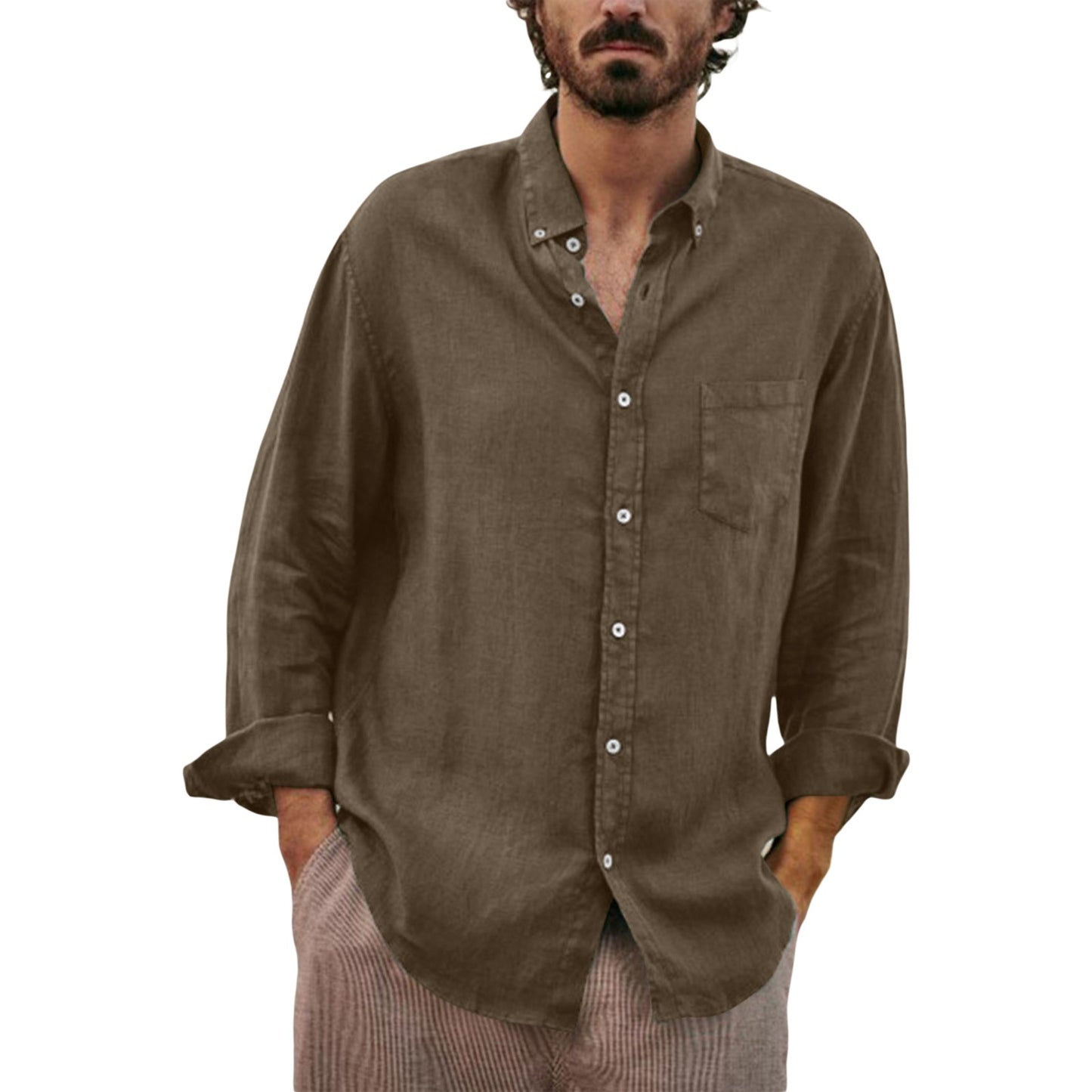 Men's Lapel Collar Shirt, Solid Color Long Sleeve Button-Down Loose Simple Blouse with Chest Pocket