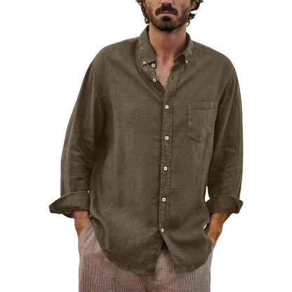 Men's Lapel Collar Shirt, Solid Color Long Sleeve Button-Down Loose Simple Blouse with Chest Pocket