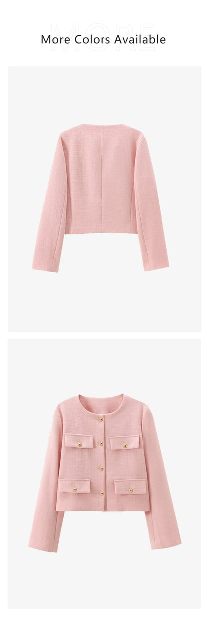 UNIZERA Winter New Product Women's Fashion and Casual Versatile Round Neck Flip Decoration Short Suit Coat