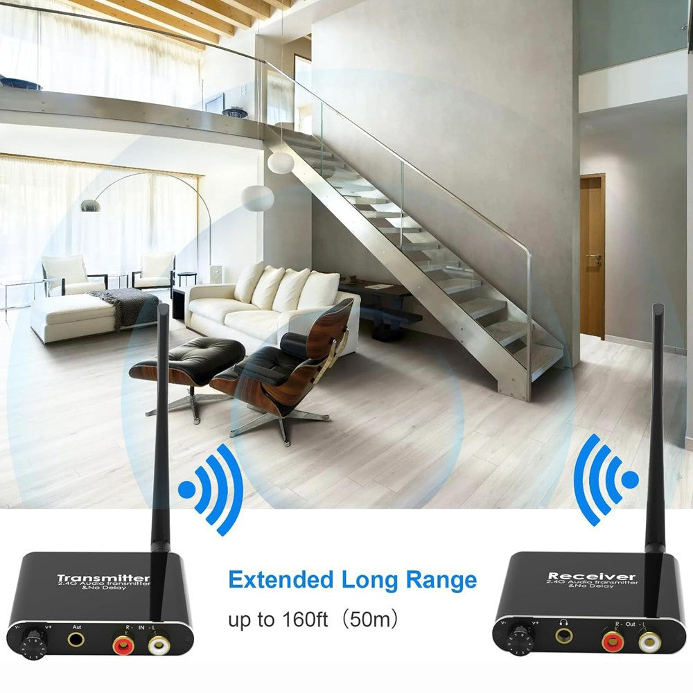 AIXXCO 50M 2.4G Wireless Wifi Audio Music Transmitter and Receiver With 3.5mm R/L RCA Wireless Audio adapter