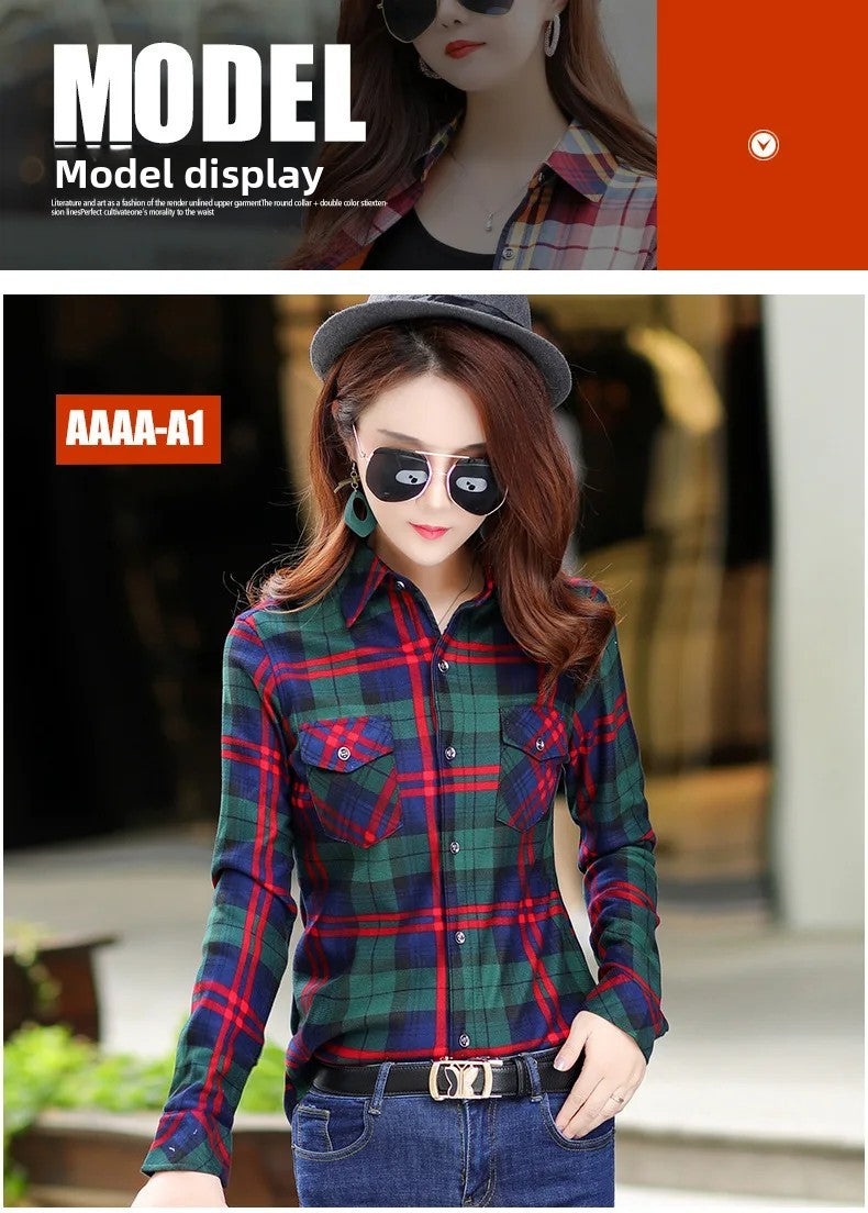 Women's Fleece Lined Long Sleeve Shirt Mid Length Thick Winter Warm Korean Style Elastic plus Size Plaid Patterned Button up
