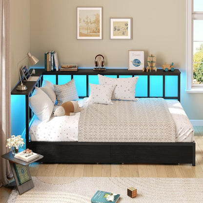 Corner Twin Bed Frame with 2 Storage Drawers and Charging Station,Metal Twin Size Platform Bed Frame with Storage Shelves