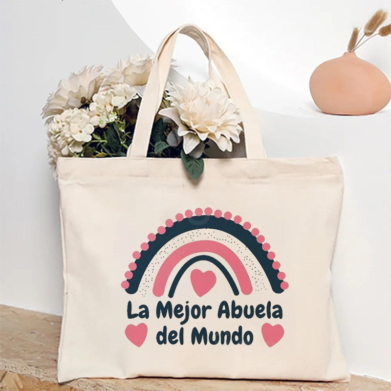 Spanish Abuela Quote Tote Bag Vibrant Shoulder Handbag with Heart Ribbon Design Perfect for Mother’s Day & Grandma Appreciation