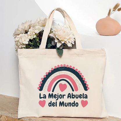 Spanish Abuela Quote Tote Bag Vibrant Shoulder Handbag with Heart Ribbon Design Perfect for Mother’s Day & Grandma Appreciation