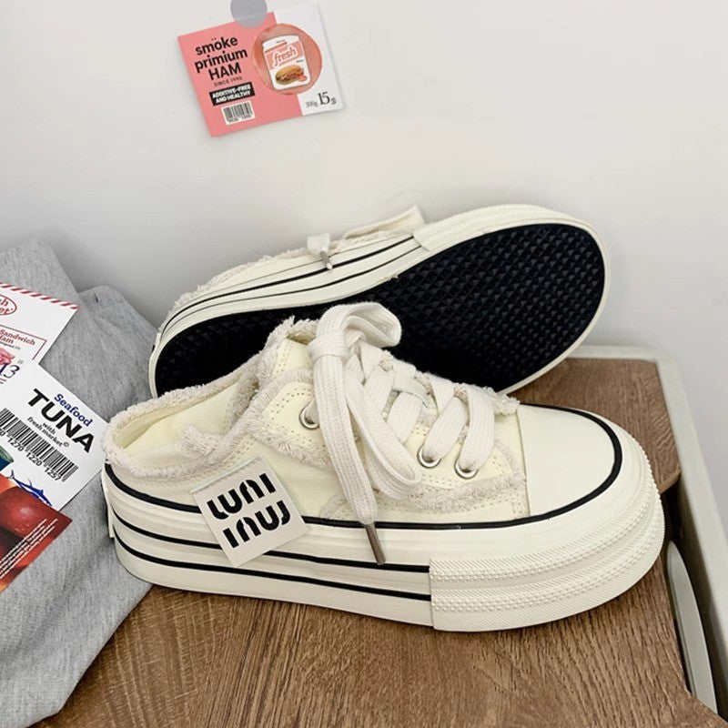 New Casual Height Increasing Platform Canvas Shoes Women  Outer White Sneakers Slipper Slip on Sandals Vulcanize Shoes
