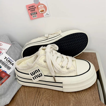 New Casual Height Increasing Platform Canvas Shoes Women  Outer White Sneakers Slipper Slip on Sandals Vulcanize Shoes