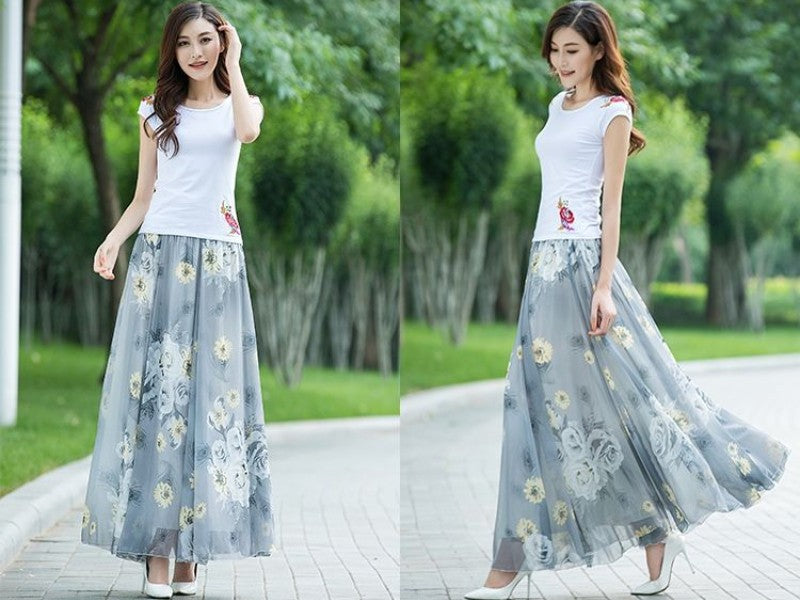 Chiffon Floral Maxi Summer Skirt Women Long High Waist Holiday Dance Skirt Elegant Beach Boho Hot Sale Lady Vintage Girl Fairy