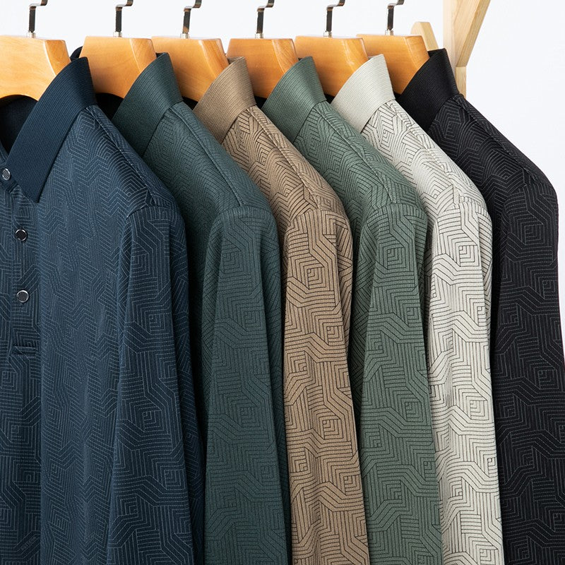 New Men's Business Casual Long Sleeved Shirt with Badge Solid Color Polo Shirt Fashionable Breathable Comfortable Versatile Top