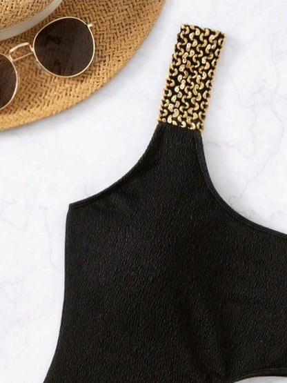 Vigoashely 2025 Single Shoulder Hollow Swimwear Push Up Black Swimsuit For Women Monokini One Piece Summer Beach Bathing Suit