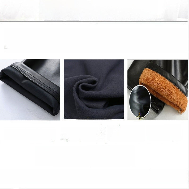 Men's Loose High-Waisted Fce-Lined Thiened Motorcycle Leather Pants Windproof Waterproof Busin Casual Long Trousers