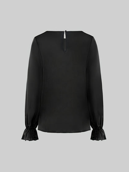 Women's Black Crew Neck Long Sleeve Blouse with Ruffled Cuffs - Casual Elegant Outfit