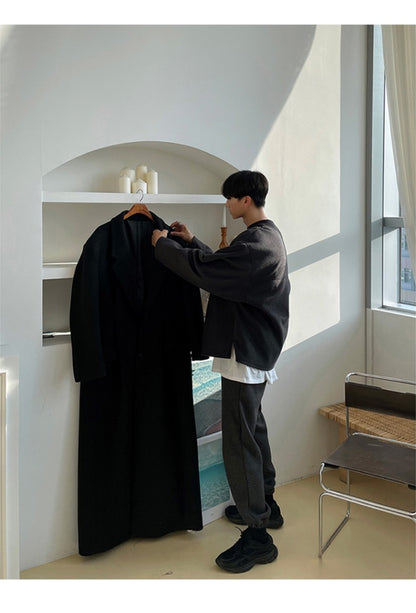 Mauroicardi Autumn Winter Extra Long Warm Black Loose Casual Wool Blends Coat Men Luxury Floor Length Overcoat Korean Fashion