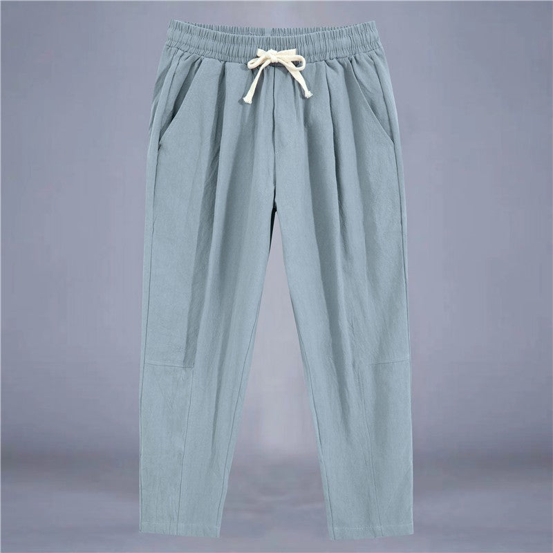 Men's Trousers Cotton Linen Fashion Casual Pants Solid Color Breathable Loose Shorts Straight Drawstring Pants Streetwear Men