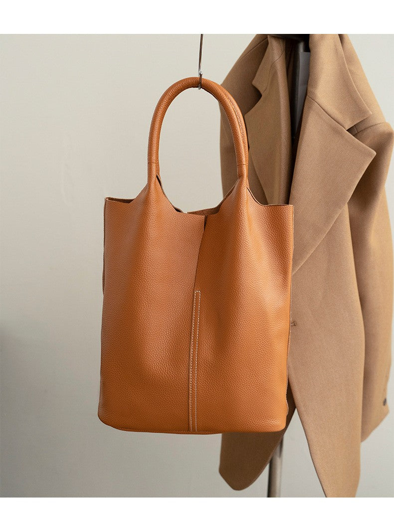 Genuine Grade Leather Women Commuter Tote Bag Ladies Soft Cowhide Tote Shoulder Handbag Large Female Bucket Bag Luxury Designer