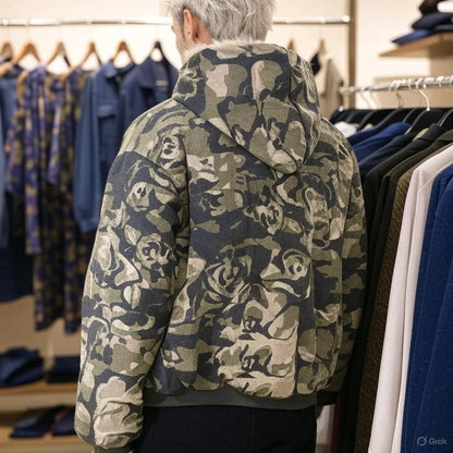 American Retro Camouflage Rose Fleece Lined Hooded Jacket Men and Women Y2K Zipper Warm Jacket Military Green Casual Winter Top